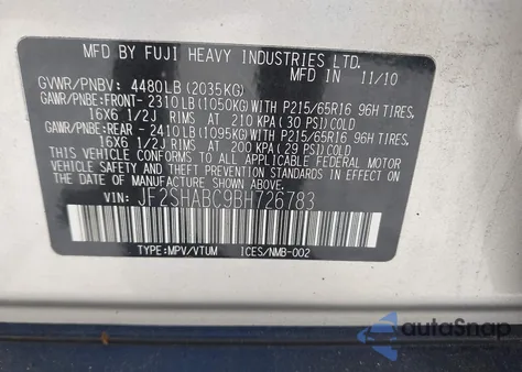 2011 Subaru Forester 2.5X from USA, damaged, VIN JF2SHABC9BH726783